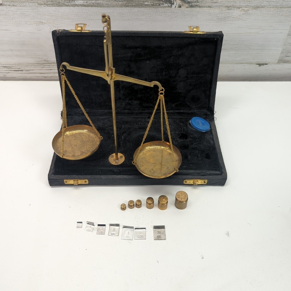 Vintage Brass Apothecary Scale Set with Weights in Case India 805 Gold Tone
